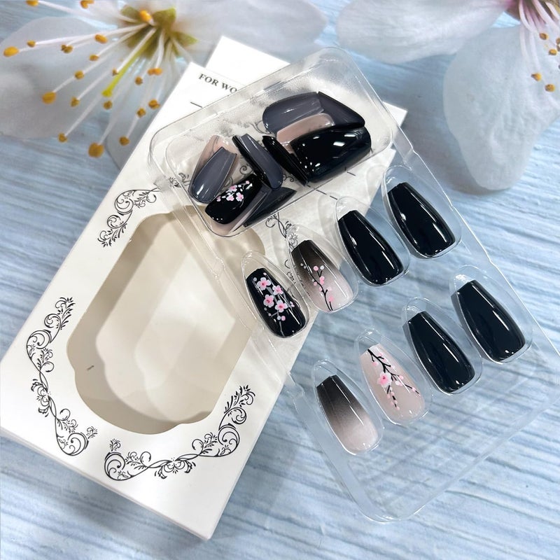 CJDLTS Flower Press on Nails Medium Ballet Shaped Black Gradient Artificial Fingernails Pink Plum Bossom Pattern Design Press Acrylic Fake Nail Full Cover Artificial Stick on Nails for Women Manicure Kit - Image 3